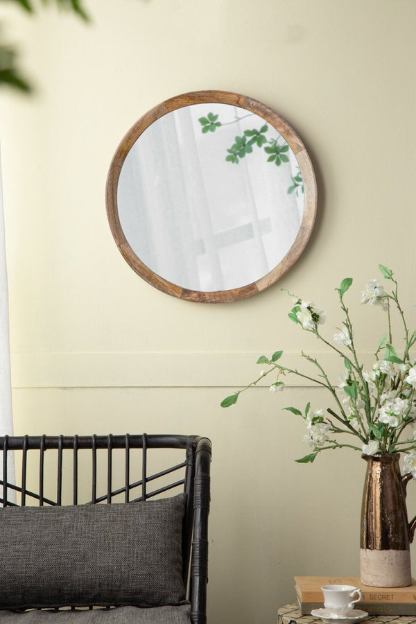 English Elm D20x1.5"transitional Mango Wood Round Mirror Natural Finish Porthole Frame Entryway Bath W2078130544