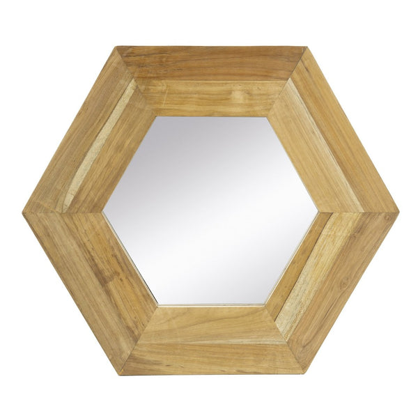 English Elm 18.5" Hexagonal Teak Wood Frame Wall Mirror Organic Geometric Accent for Any Room Natural W2078133974