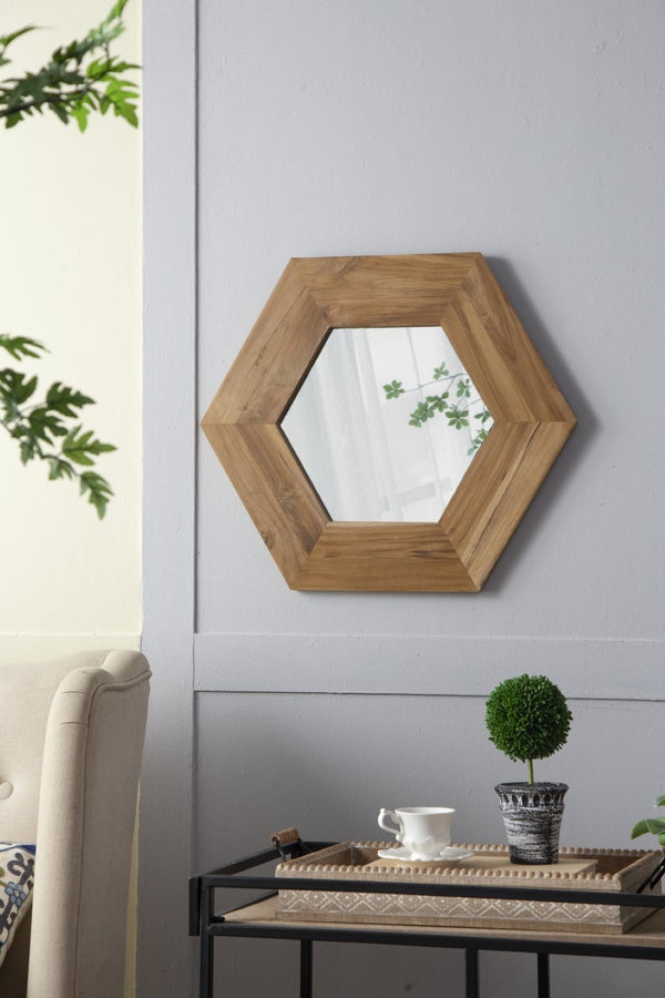 English Elm 18.5" Hexagonal Teak Wood Frame Wall Mirror Organic Geometric Accent for Any Room Natural W2078133974