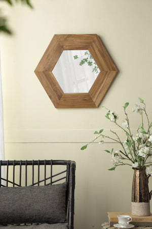 English Elm 18.5" Hexagonal Teak Wood Frame Wall Mirror Organic Geometric Accent for Any Room Natural W2078133974