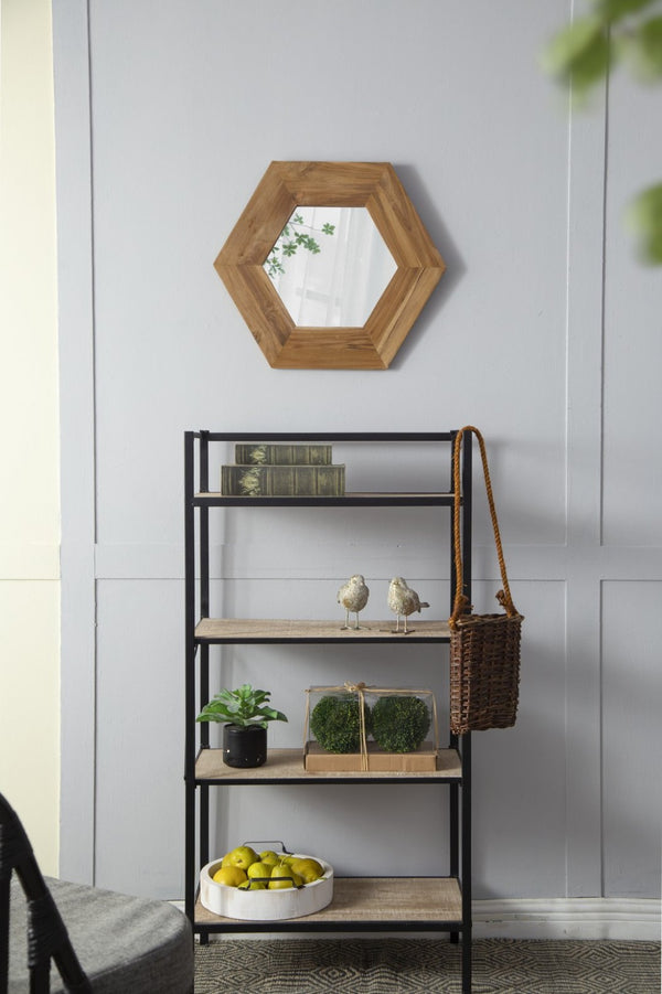 English Elm 18.5" Hexagonal Teak Wood Frame Wall Mirror Organic Geometric Accent for Any Room Natural W2078133974