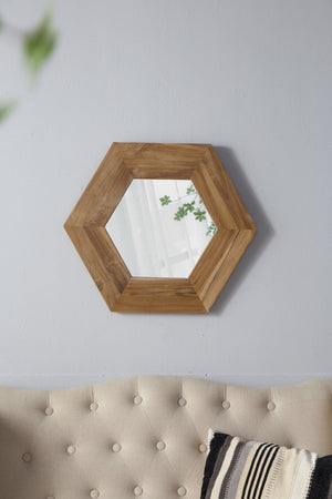 English Elm 18.5" Hexagonal Teak Wood Frame Wall Mirror Organic Geometric Accent for Any Room Natural W2078133974