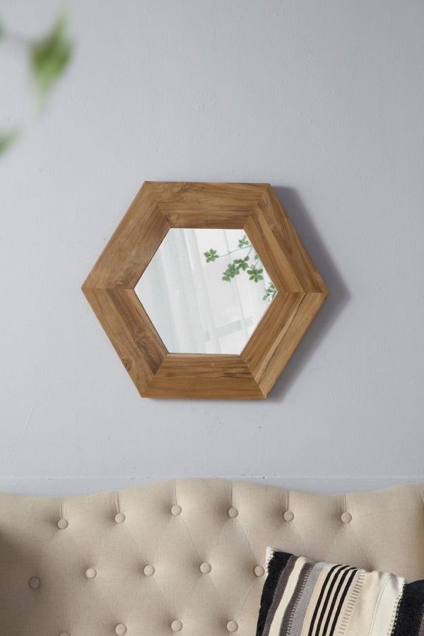 English Elm 18.5" Hexagonal Teak Wood Frame Wall Mirror Organic Geometric Accent for Any Room Natural W2078133974