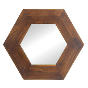 English Elm 18.5" Hexagonal Teak Wood Frame Wall Mirror Organic Geometric Accent for Any Room Brown W2078133975
