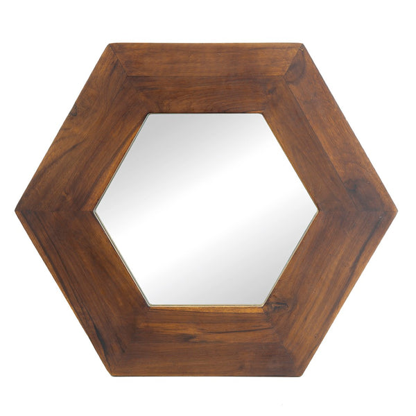 English Elm 18.5" Hexagonal Teak Wood Frame Wall Mirror Organic Geometric Accent for Any Room Brown W2078133975