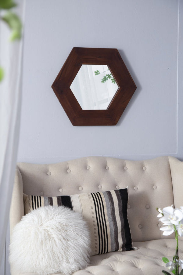 English Elm 18.5" Hexagonal Teak Wood Frame Wall Mirror Organic Geometric Accent for Any Room Brown W2078133975
