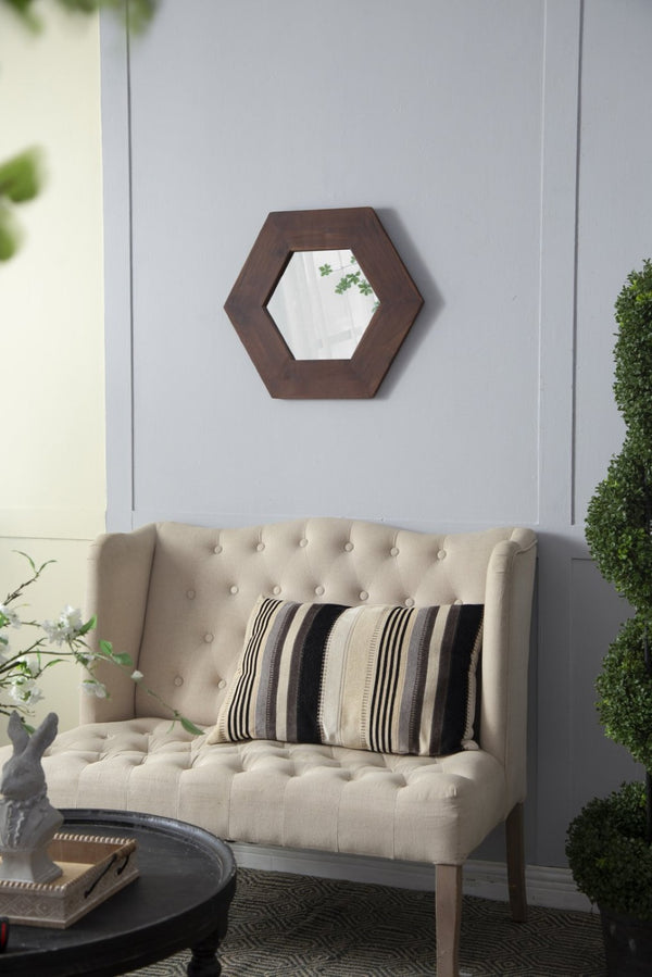 English Elm 18.5" Hexagonal Teak Wood Frame Wall Mirror Organic Geometric Accent for Any Room Brown W2078133975