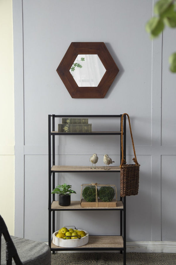 English Elm 18.5" Hexagonal Teak Wood Frame Wall Mirror Organic Geometric Accent for Any Room Brown W2078133975
