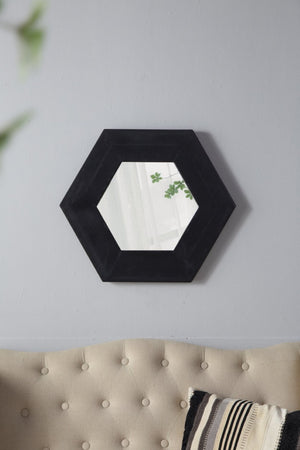 English Elm 18.5" Hexagonal Teak Wood Frame Wall Mirror Organic Geometric Accent for Any Room Black W2078133976