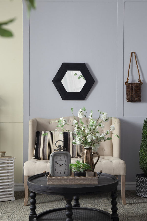 English Elm 18.5" Hexagonal Teak Wood Frame Wall Mirror Organic Geometric Accent for Any Room Black W2078133976