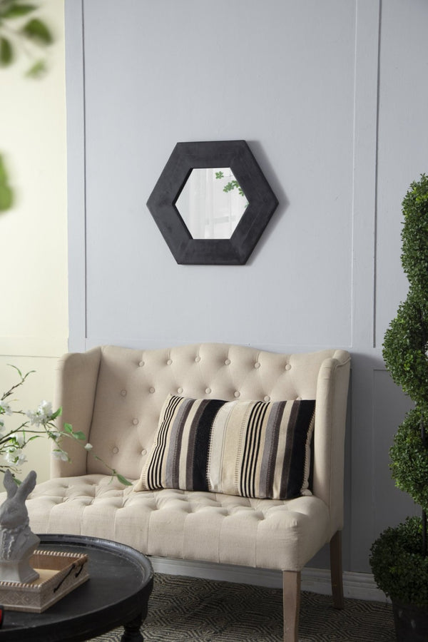 English Elm 18.5" Hexagonal Teak Wood Frame Wall Mirror Organic Geometric Accent for Any Room Black W2078133976