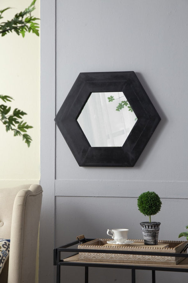 English Elm 18.5" Hexagonal Teak Wood Frame Wall Mirror Organic Geometric Accent for Any Room Black W2078133976