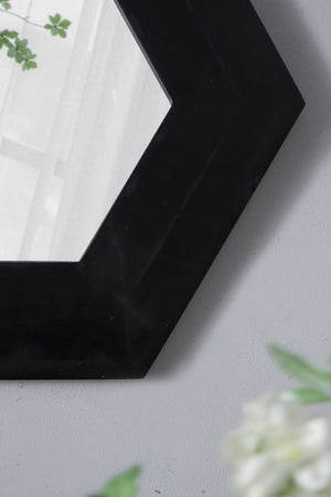 English Elm 18.5" Hexagonal Teak Wood Frame Wall Mirror Organic Geometric Accent for Any Room Black W2078133976