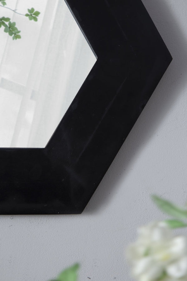 English Elm 18.5" Hexagonal Teak Wood Frame Wall Mirror Organic Geometric Accent for Any Room Black W2078133976