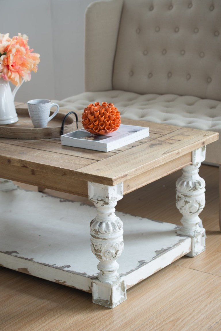 Wood Retangular Table 47 Inch Rectangular Fir Wood Coffee Table with Whitewash Finish and Tu