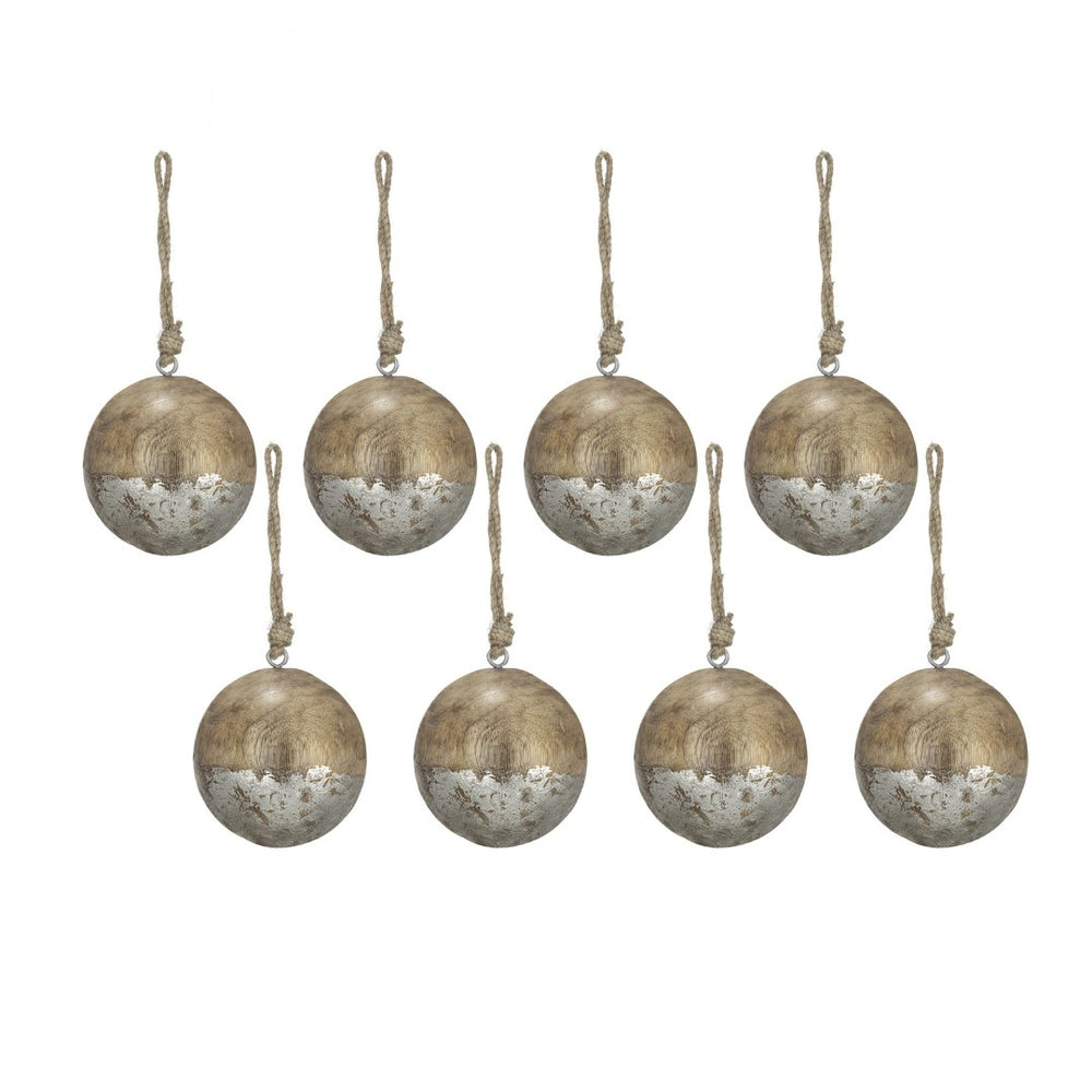 English Elm D4" Mango Wood Ball Ornaments Antiqued Silver Jute Hanger Artisan Holiday Set of 8 W2078P253833
