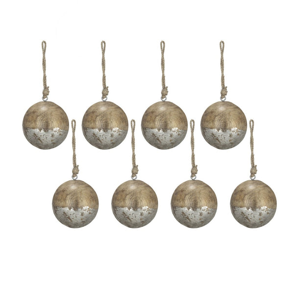 English Elm D4" Mango Wood Ball Ornaments Antiqued Silver Jute Hanger Artisan Holiday Set of 8 W2078P253833