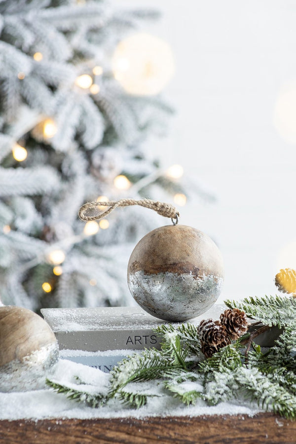 English Elm D4" Mango Wood Ball Ornaments Antiqued Silver Jute Hanger Artisan Holiday Set of 8 W2078P253833