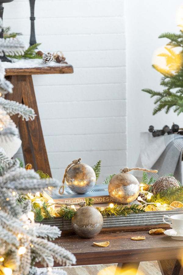 English Elm D4" Mango Wood Ball Ornaments Antiqued Silver Jute Hanger Artisan Holiday Set of 8 W2078P253833