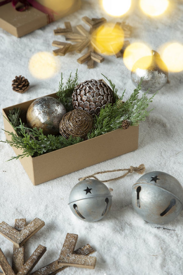 English Elm D4" Mango Wood Ball Ornaments Antiqued Silver Jute Hanger Artisan Holiday Set of 8 W2078P253833