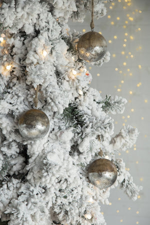 English Elm D4" Mango Wood Ball Ornaments Antiqued Silver Jute Hanger Artisan Holiday Set of 8 W2078P253833