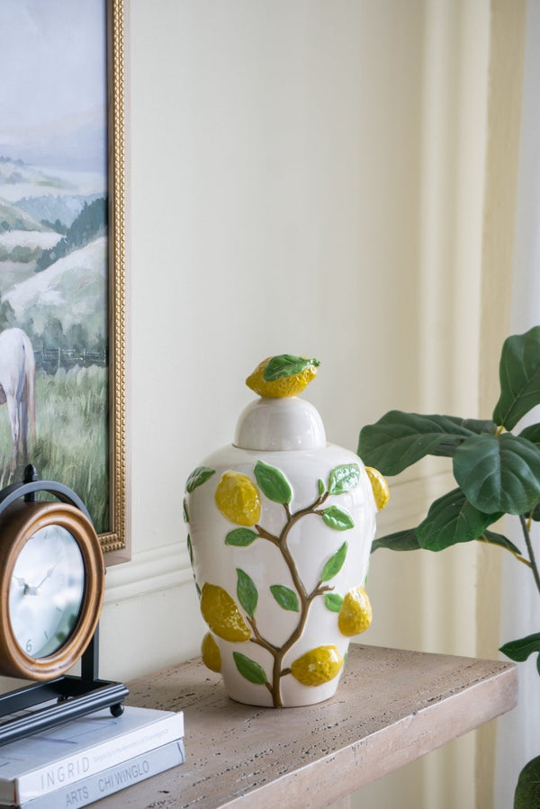 English Elm 8.7x8.7x15" White Ceramic Lidded Jar Hand-painted Lemon Motif for Kitchen Decor W2078P390428