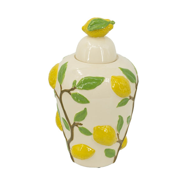 English Elm 8.7x8.7x15" White Ceramic Lidded Jar Hand-painted Lemon Motif for Kitchen Decor W2078P390428