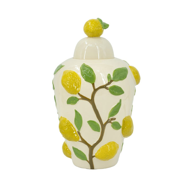 English Elm 8.7x8.7x15" White Ceramic Lidded Jar Hand-painted Lemon Motif for Kitchen Decor W2078P390428