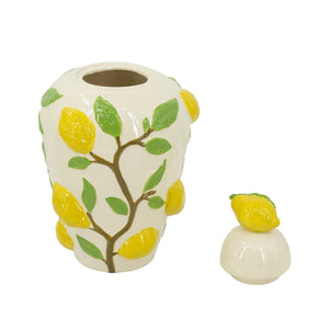 English Elm 8.7x8.7x15" White Ceramic Lidded Jar Hand-painted Lemon Motif for Kitchen Decor W2078P390428