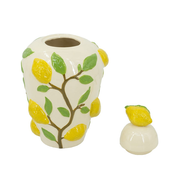 English Elm 8.7x8.7x15" White Ceramic Lidded Jar Hand-painted Lemon Motif for Kitchen Decor W2078P390428