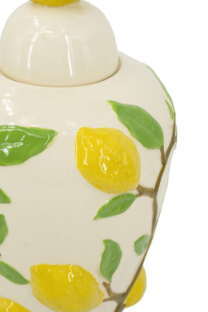 English Elm 8.7x8.7x15" White Ceramic Lidded Jar Hand-painted Lemon Motif for Kitchen Decor W2078P390428