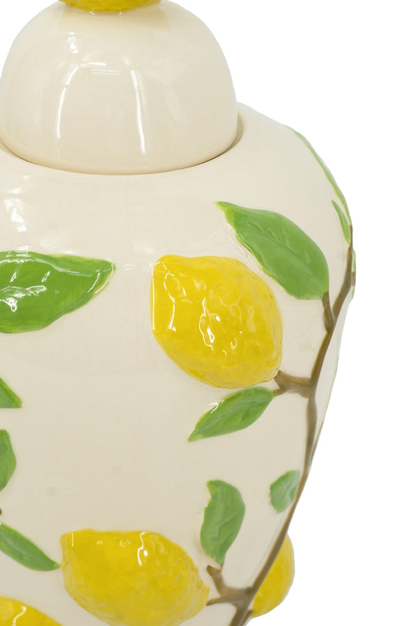 English Elm 8.7x8.7x15" White Ceramic Lidded Jar Hand-painted Lemon Motif for Kitchen Decor W2078P390428