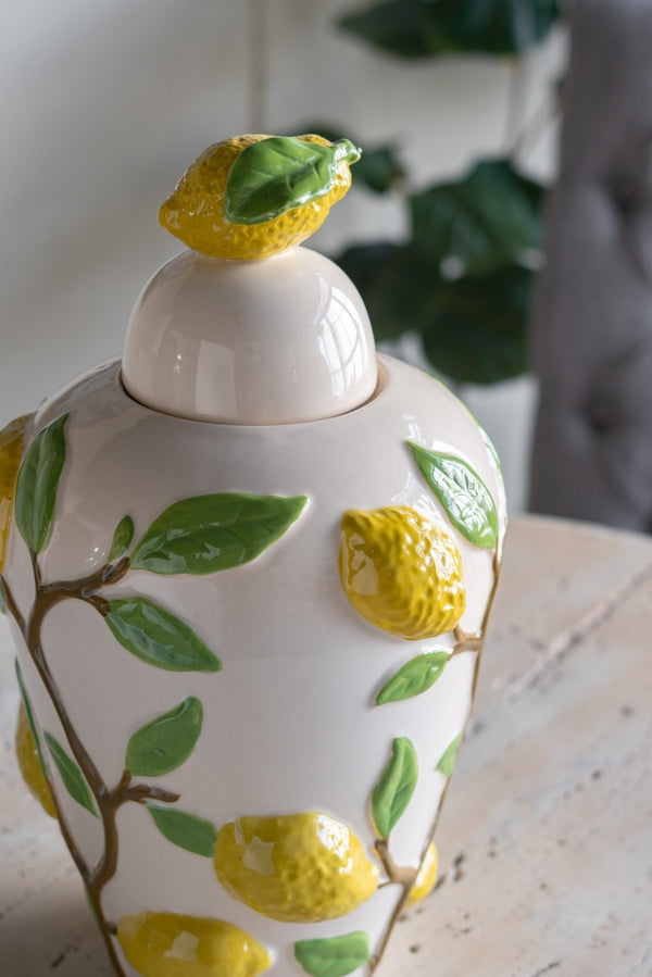 English Elm 8.7x8.7x15" White Ceramic Lidded Jar Hand-painted Lemon Motif for Kitchen Decor W2078P390428