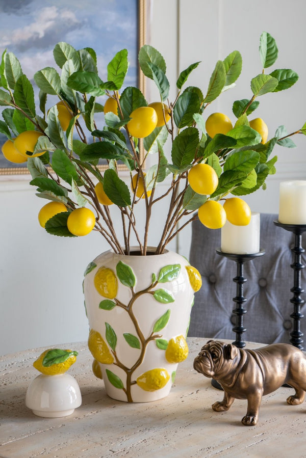 English Elm 8.7x8.7x15" White Ceramic Lidded Jar Hand-painted Lemon Motif for Kitchen Decor W2078P390428