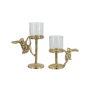 English Elm Set of 2 Gold Aluminum Hurricane Candle Holders with Rabbit Charm Glass Shade Accent W2078P443710
