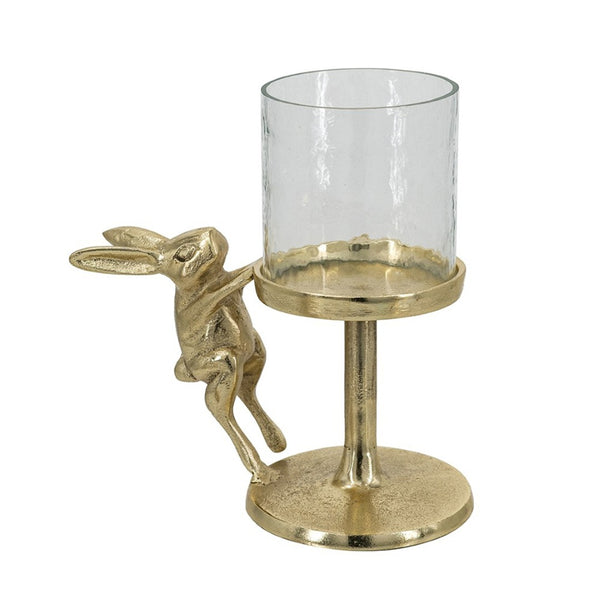 English Elm Set of 2 Gold Aluminum Hurricane Candle Holders with Rabbit Charm Glass Shade Accent W2078P443710