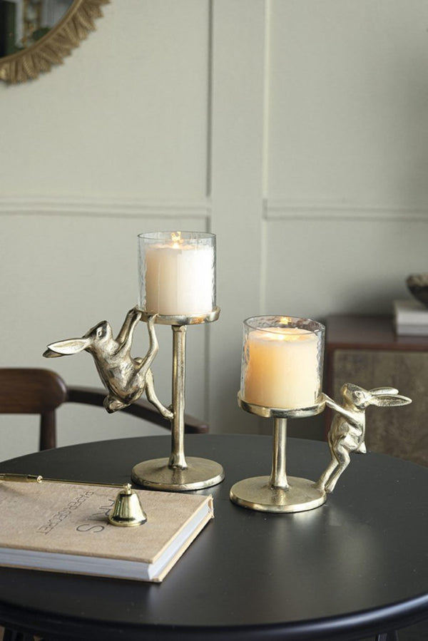 English Elm Set of 2 Gold Aluminum Hurricane Candle Holders with Rabbit Charm Glass Shade Accent W2078P443710