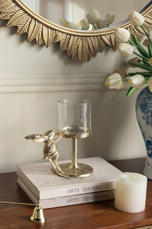 English Elm Set of 2 Gold Aluminum Hurricane Candle Holders with Rabbit Charm Glass Shade Accent W2078P443710