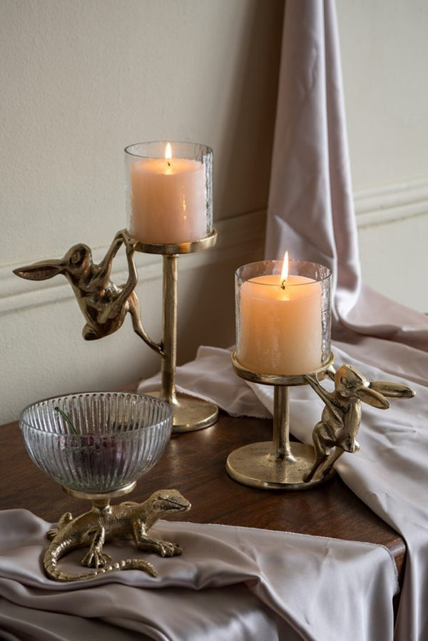 English Elm Set of 2 Gold Aluminum Hurricane Candle Holders with Rabbit Charm Glass Shade Accent W2078P443710