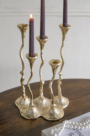 English Elm 9.8x6.7x14.2" Five Arm Cast Aluminum Taper Candelabra with Gold Botanical Art Deco Finish W2078P444493