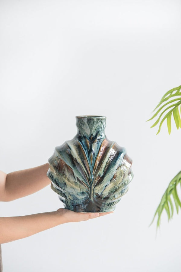 English Elm 9.4X9.4x11 Ceramic Accent Vase with Reactive Glaze Finish in Blue Brown Tones W2078P489202
