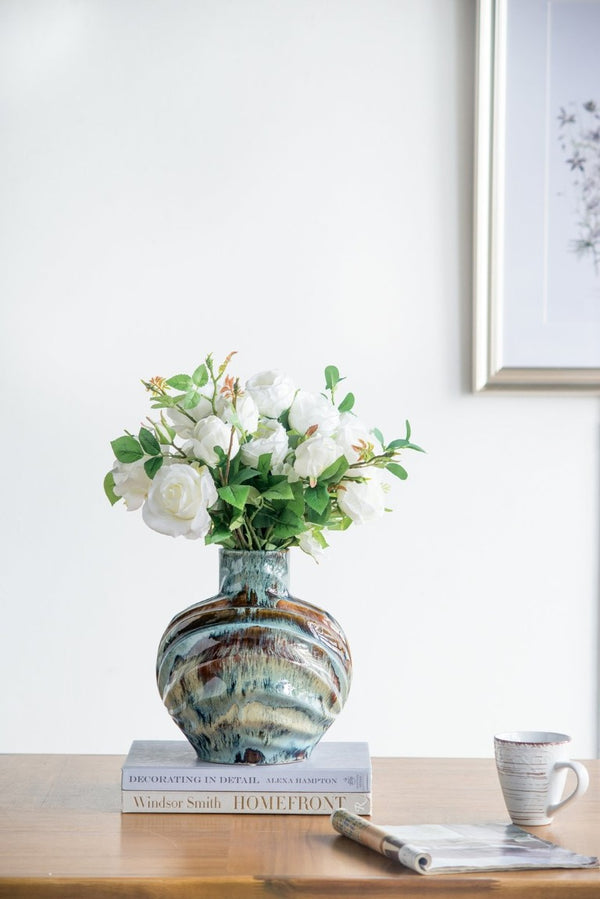 English Elm 9.4X9.4x11 Ceramic Accent Vase with Reactive Glaze Finish in Blue Brown Tones W2078P489202