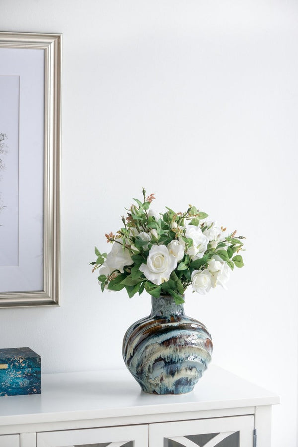 English Elm 9.4X9.4x11 Ceramic Accent Vase with Reactive Glaze Finish in Blue Brown Tones W2078P489202