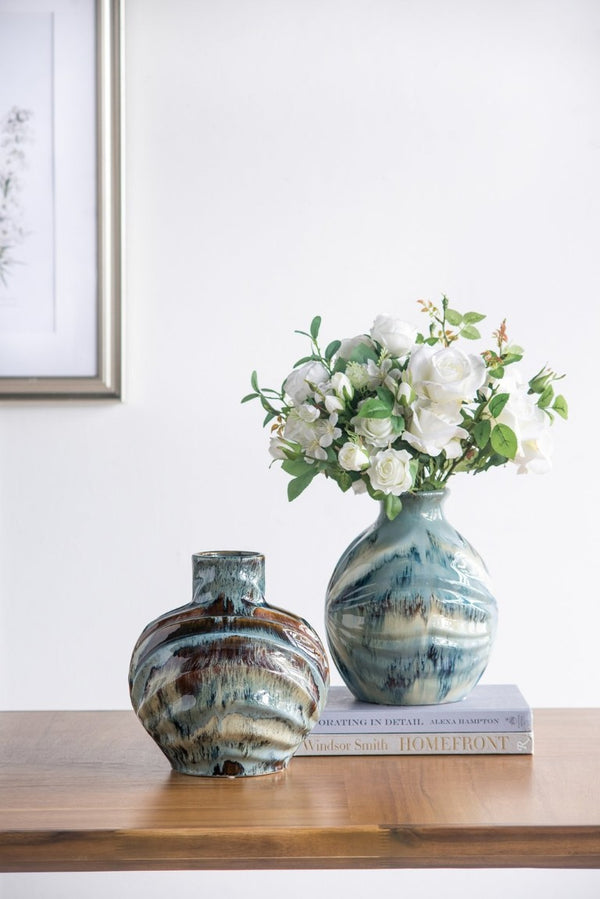 English Elm 9.4X9.4x11 Ceramic Accent Vase with Reactive Glaze Finish in Blue Brown Tones W2078P489202