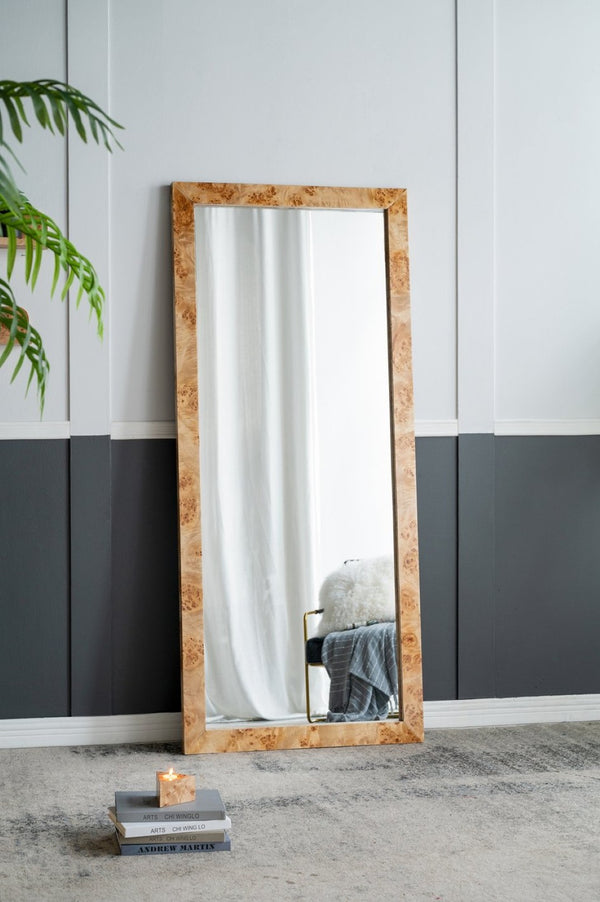 English Elm 31.5x1.6x71" Burl Wood Veneer Full Length Floor Mirror Warm Brown Organic Modern W2078P489396