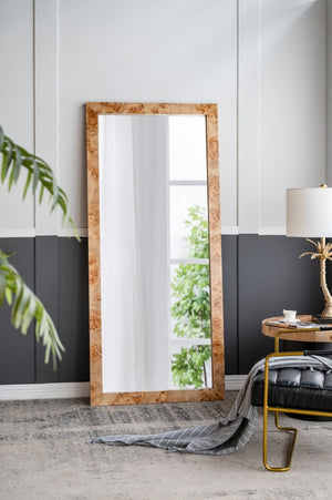 English Elm 31.5x1.6x71" Burl Wood Veneer Full Length Floor Mirror Warm Brown Organic Modern W2078P489396