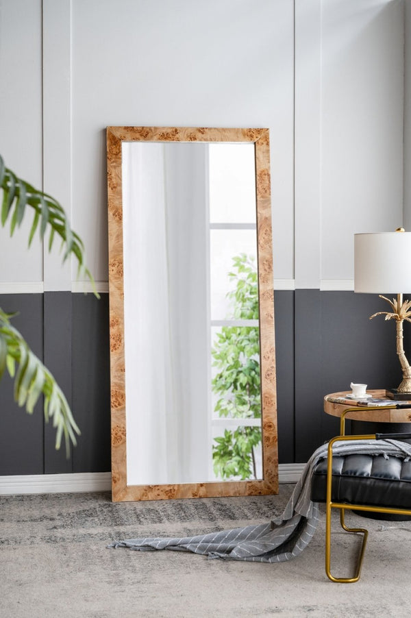 English Elm 31.5x1.6x71" Burl Wood Veneer Full Length Floor Mirror Warm Brown Organic Modern W2078P489396
