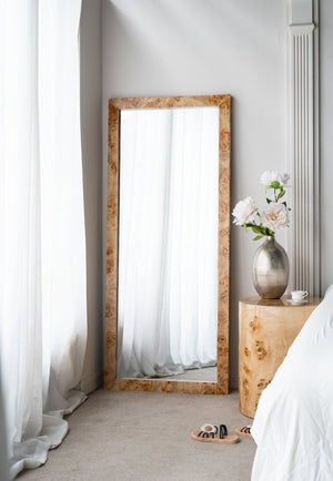 English Elm 31.5x1.6x71" Burl Wood Veneer Full Length Floor Mirror Warm Brown Organic Modern W2078P489396
