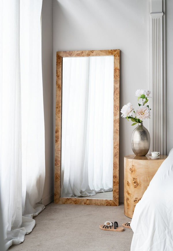 English Elm 31.5x1.6x71" Burl Wood Veneer Full Length Floor Mirror Warm Brown Organic Modern W2078P489396