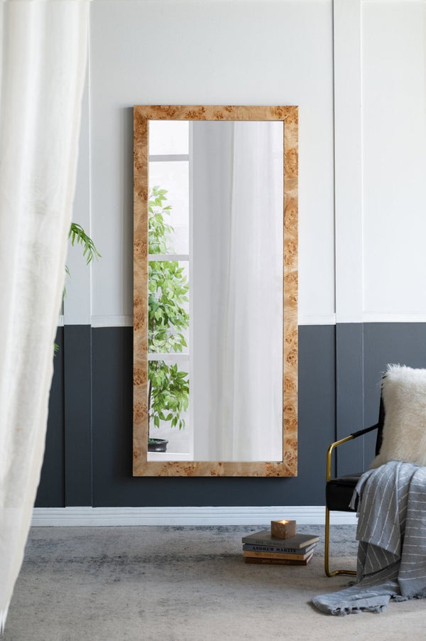 English Elm 31.5x1.6x71" Burl Wood Veneer Full Length Floor Mirror Warm Brown Organic Modern W2078P489396